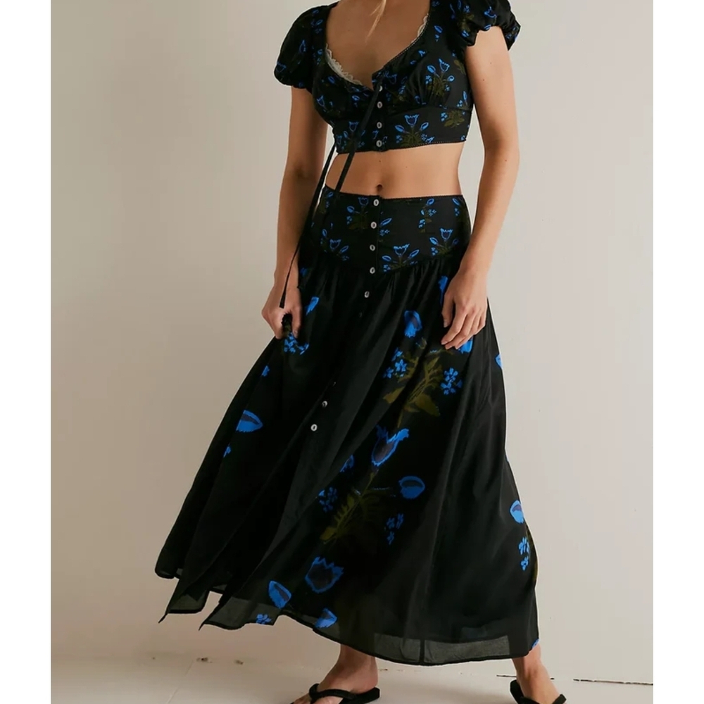 SOLD -Free People Black and Blue Floral Maxi Skirt